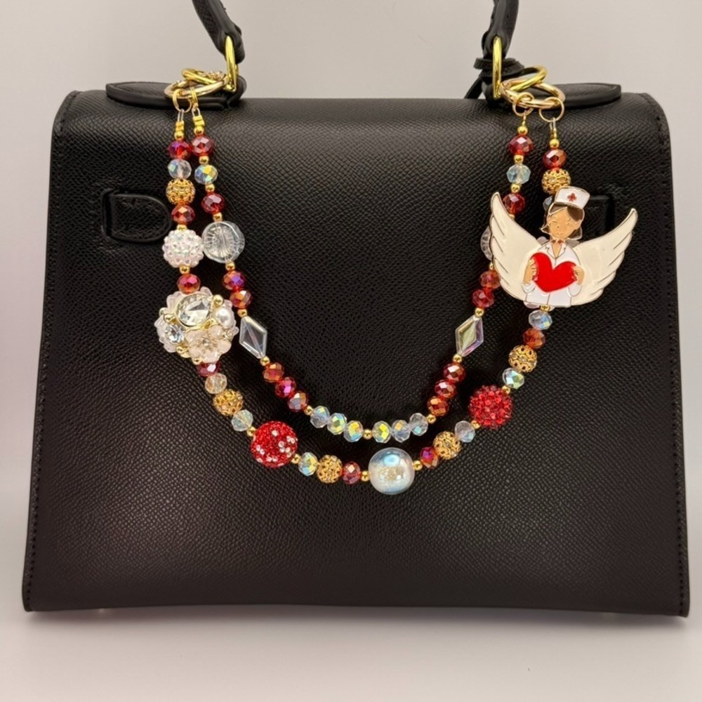 Red Gold Nurse Angel Purse Chain Bag Charm Crystal Beaded Flower Rhinestone Char
